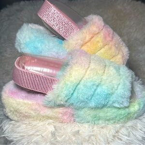 Women’s Faux Fur Wedge Rainbow Slippers